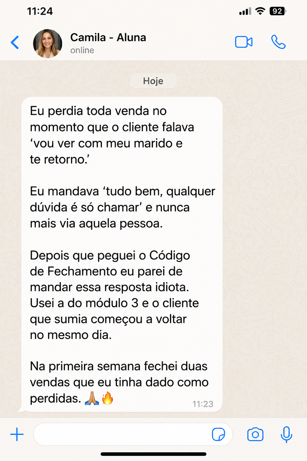 Depoimento de Camila, aluna, no WhatsApp