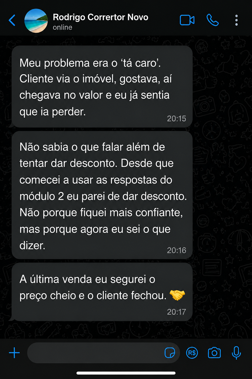 Depoimento de Rodrigo, corretor de imóveis, no WhatsApp