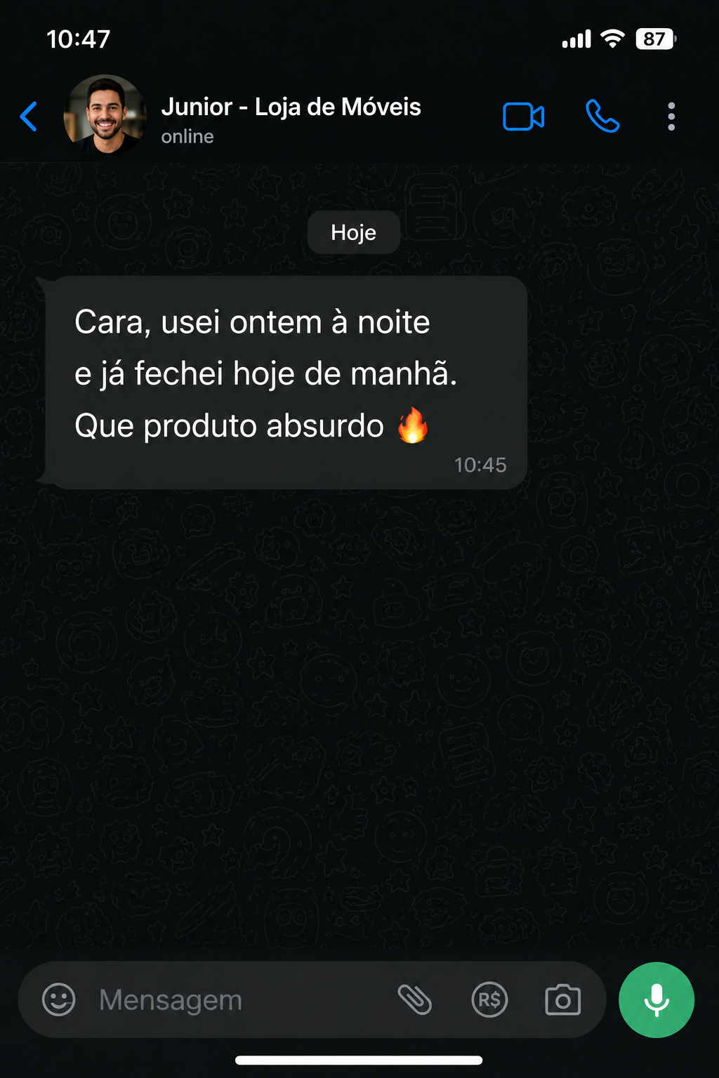 Depoimento de Junior, loja de móveis, no WhatsApp